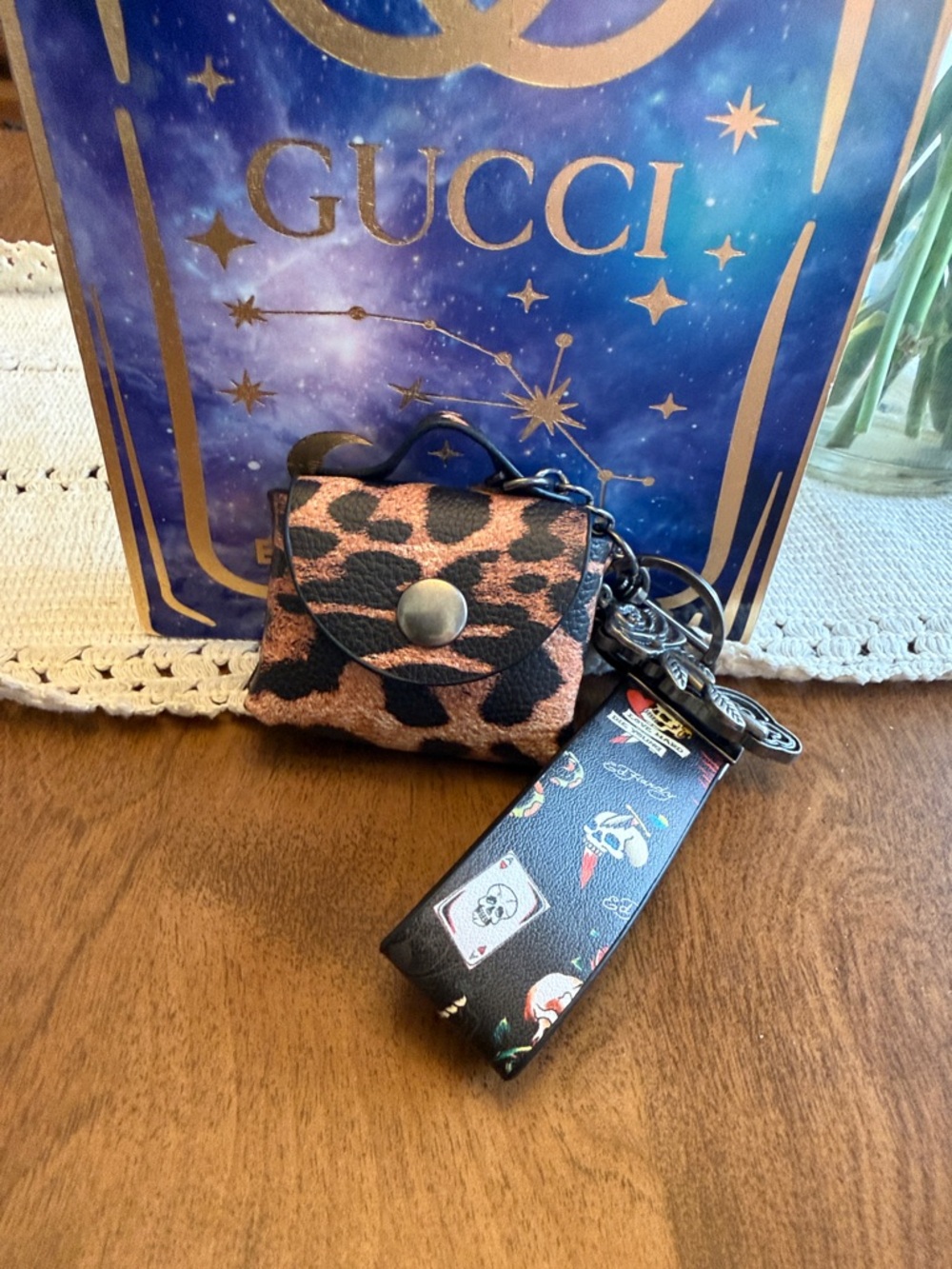 Ed Hardy Leopard Print Key Pouch in Black and Brown